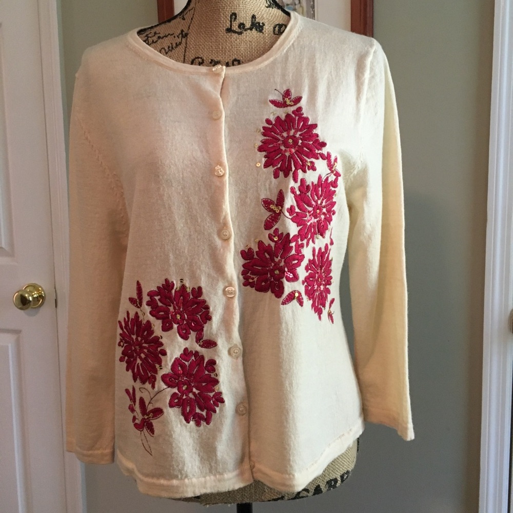 Garnet Hill Merino Wool Cream Red Floral Cardigan